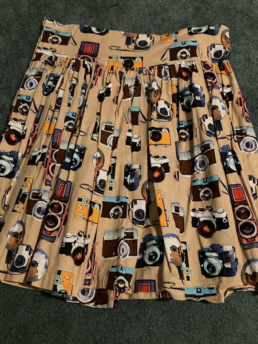 Retrolicious Beige Camera-Print Circle Skirt